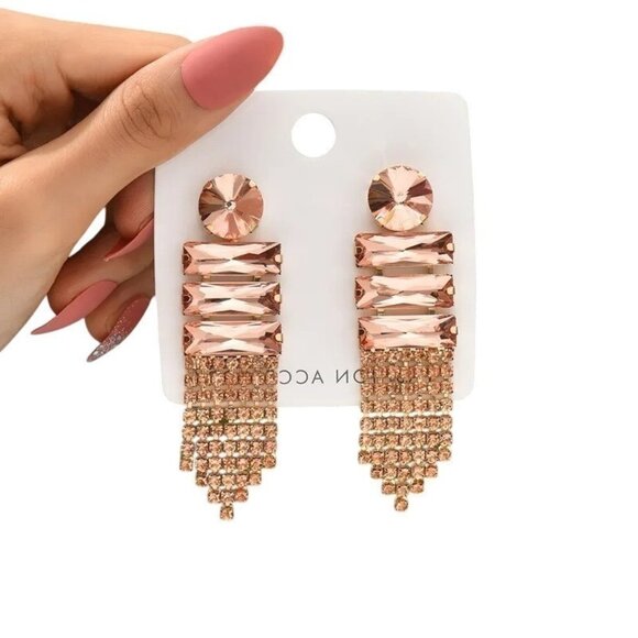3/$35 Romantic Retro Pink Lady Romantic Geometric Rhinestone Glass Earrings - Picture 1 of 6